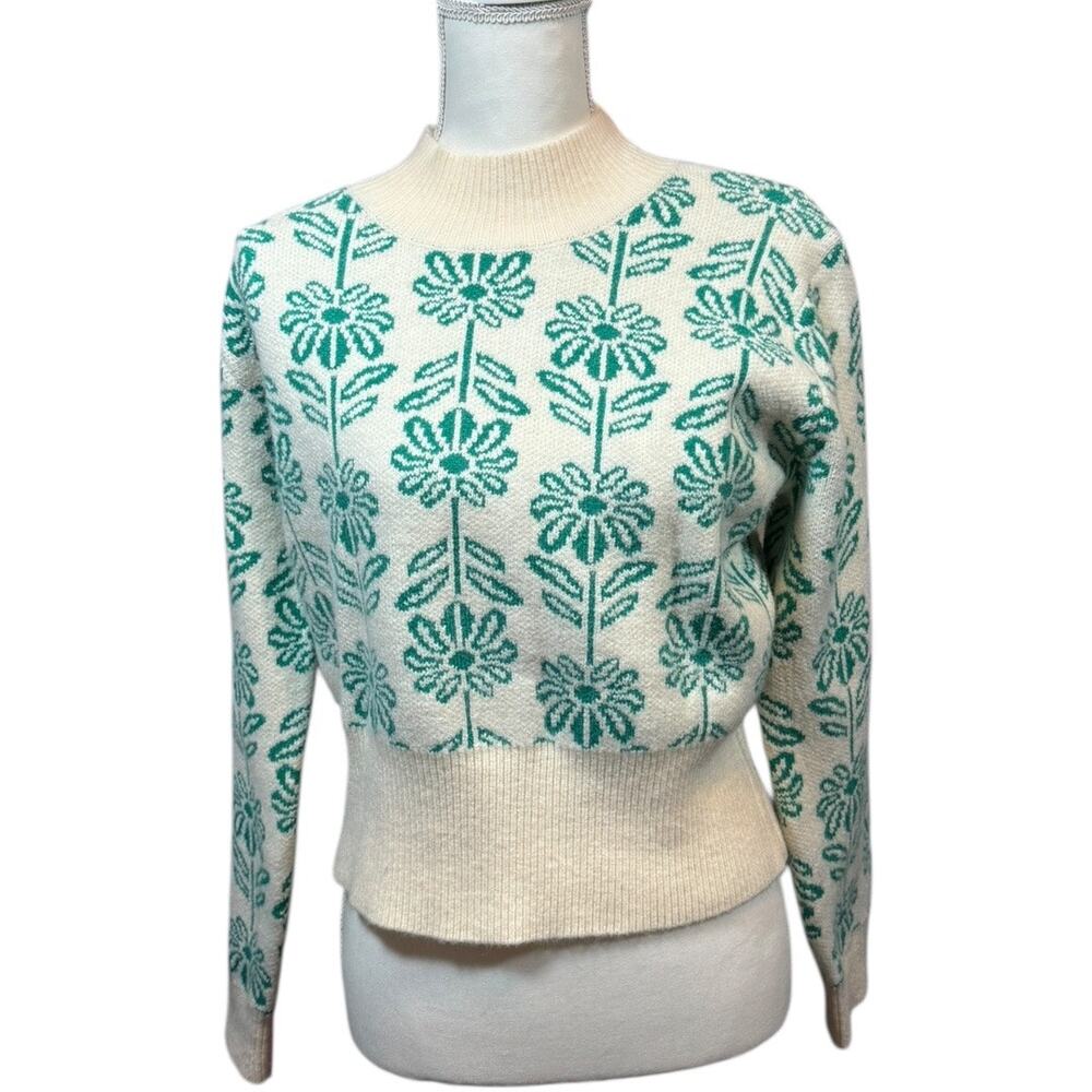 &merci Green and Beige Mock-Neck Flower Sweater - Size S